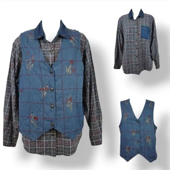 Vintage 2PC Casey & Max Chambray Button Down Shirt and Vest Coord Set Size M - Picture 1 of 16